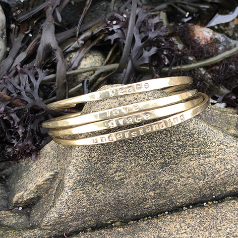 Jewelry Handcrafted Red Brass Cuff Bracelet Peace Love Grace Understanding Jewelry Collection Midcoast Maine Artisan Store The Good Supply Pemaquid Made in USA