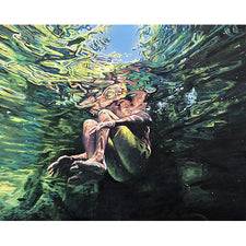 Contemporary Oil Painting by Jessica Ives The Good Supply in Pemaquid Maine Artisan Store Kinesthetic Intelligence Artist Man Swimming in Water Painting Solvency Made in USA