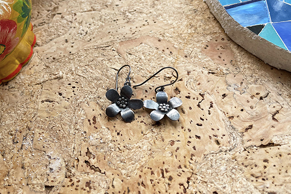 Daisy Drop Dangle Earrings in Oxidized Silver by Christine Peters Jewelry Midcoast Maine Artisan Store The Good Supply Pemaquid Made in USA