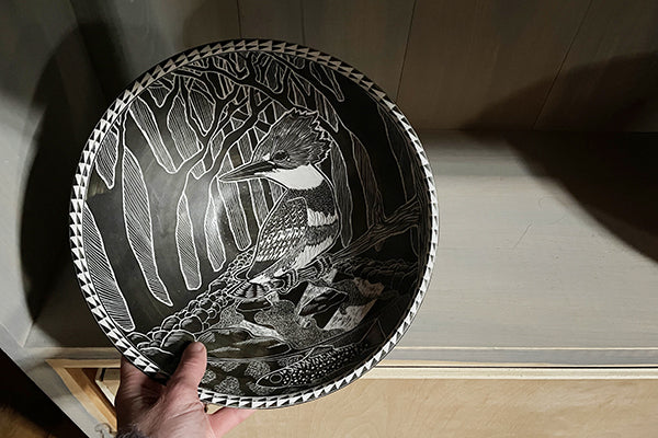 Environmental Sgraffito Art in Porcelain by Tim Christensen Contemporary Nature-inspired Ceramic Kingfisher Stream Bowl Midcoast Maine Artisan Store The Good Supply Pemaquid Made in USA