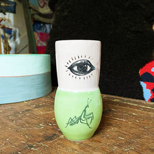 Gold Lustered Ceramic Vase with Praying Mantis and Eye by Luster Hustler Aidan Fraser Female Form Midcoast Maine Artisan Store The Good Supply Pemaquid Made in USA