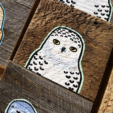 Original Art Painting of Snowy Owl on Reclaimed Barn Wood by Mermaid Meadow Midcoast Maine Artisan Store The Good Supply Pemaquid Made in USA