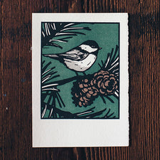 Saturn Press Christmas Card Made in Maine USA Black Capped Chickadee