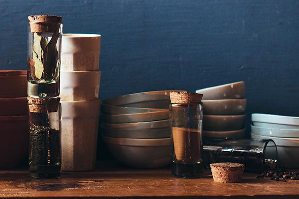 Vintage Glass Apothecary Spice Jars with wooden rack