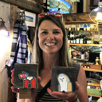 Bevin Portrait Original Art Painting of Dala Horse and Barn Owl on Reclaimed Barn Wood by Mermaid Meadow Midcoast Maine Artisan Store The Good Supply Pemaquid Made in USA