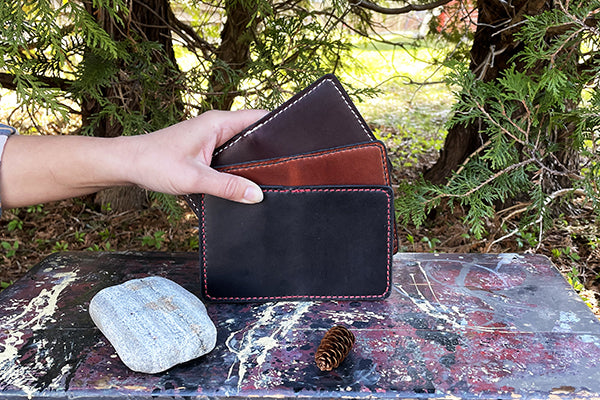 Bifold Leather Wallet Handmade and Handstitched by Veteran Rick Elder of Great Story Works Midcoast Maine Artisan Store The Good Supply Pemaquid Made in USA In Three Colors