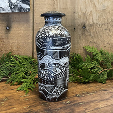 Brook Trout Sgrafitto porcelain ceramic bottle with stopper by Tim Christensen Environmental Art Midcoast Maine Artisan Store The Good Supply Pemaquid Made in USA