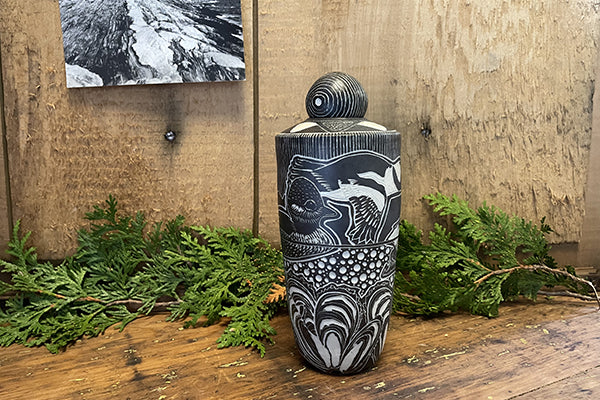 Buffleheads and Mussels Sgrafitto porcelain ceramic bottle with stopper by Tim Christensen Environmental Art Midcoast Maine Artisan Store The Good Supply Pemaquid Made in USA