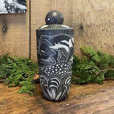 Buffleheads and Mussels Sgrafitto porcelain ceramic bottle with stopper by Tim Christensen Environmental Art Midcoast Maine Artisan Store The Good Supply Pemaquid Made in USA