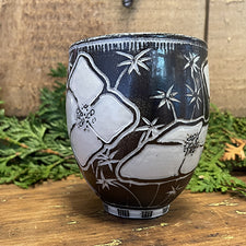 Bunchberry and Starflower Sgrafitto porcelain ceramic cup by Tim Christensen Environmental Art Midcoast Maine Artisan Store The Good Supply Pemaquid Made in USA