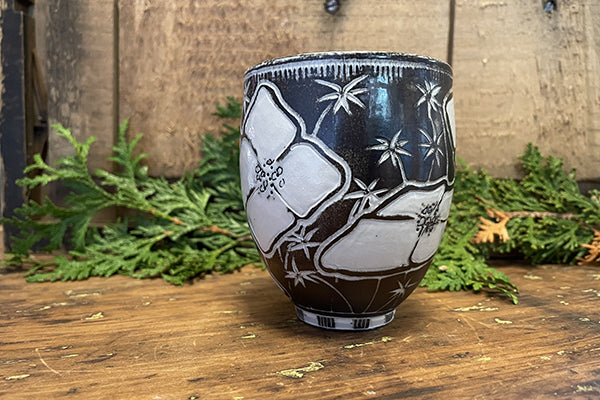 Bunchberry and Starflower Sgrafitto porcelain ceramic cup by Tim Christensen Environmental Art Midcoast Maine Artisan Store The Good Supply Pemaquid Made in USA