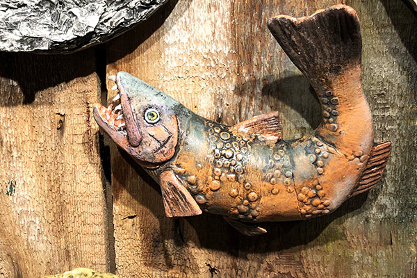 Ceramic Fish Sculpture Tiger Trout Handmade by BLAM Ceramics Midcoast Maine Artisan Store The Good Supply Pemaquid Made in USA