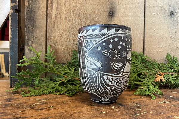 Cod Fish Sgrafitto porcelain ceramic cup by Tim Christensen Environmental Art Midcoast Maine Artisan Store The Good Supply Pemaquid Made in USA