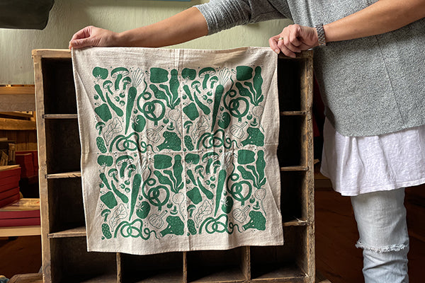 Cotton tea towel in Veggies by Allison McKeen Midcoast Maine Artisan Store The Good Supply Pemaquid Made in USA