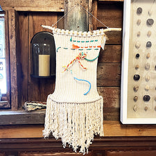 Hand Woven Wall Hanging with Beach Trash by Elizabeth Martone of EFM Studio Pemaquid Maine Midcoast Artisan Store The Good Supply Made in USA