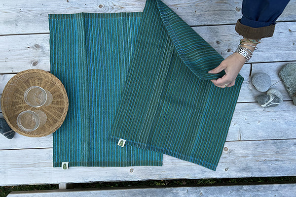 Handwoven Cotton Towel Teal Stripe by Cultivated Thread Fresh Maine Art Midcoast Maine Artisan Store The Good Supply Pemaquid Made in USA