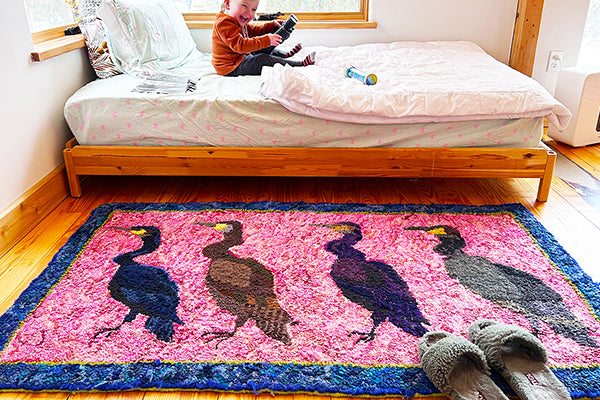 Hooked Wool Rug Handmade with ducks and bright colors by Coppice Tree Hooking Fresh Maine Art Midcoast Maine Artisan Store The Good Supply Pemaquid Made in USA