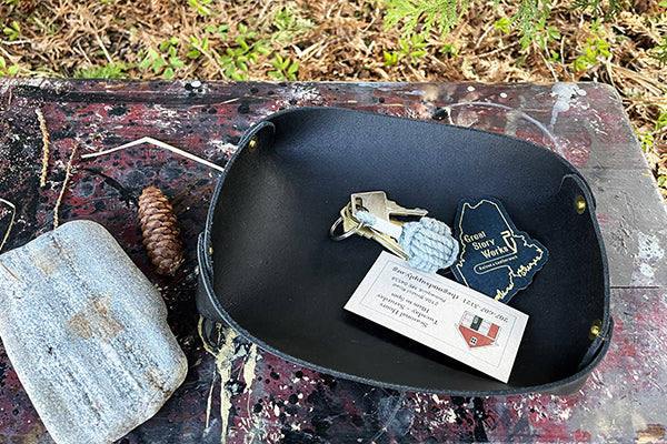 Leather Valet Tray in Matte Black Handmade and Handstitched by Veteran Rick Elder of Great Story Works Midcoast Maine Artisan Store The Good Supply Pemaquid Made in USA