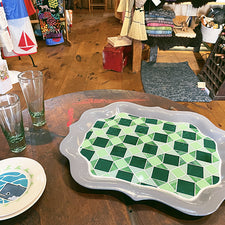 Mosaic glass repurposed tray in green with gray by Elizabeth Martone of EFM Studio Pemaquid Maine Midcoast Artisan Store The Good Supply Made in USA