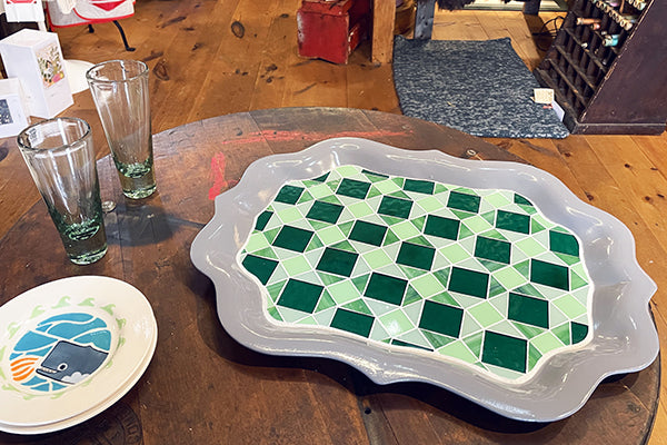 Mosaic glass repurposed tray in green with gray by Elizabeth Martone of EFM Studio Pemaquid Maine Midcoast Artisan Store The Good Supply Made in USA