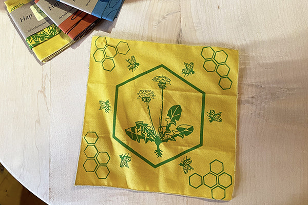 Organic Cotton Hapkins Handkerchief Napkins Yellow with Dandelion Honey Bee by Think Greene Midcoast Maine Artisan Store The Good Supply Pemaquid Made in USA
