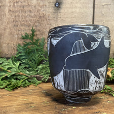 Pilot Whales Sgrafitto porcelain ceramic cup by Tim Christensen Environmental Art Midcoast Maine Artisan Store The Good Supply Pemaquid Made in USA