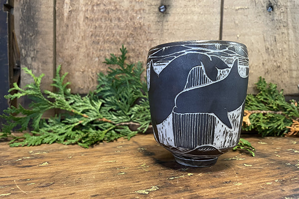 Pilot Whales Sgrafitto porcelain ceramic cup by Tim Christensen Environmental Art Midcoast Maine Artisan Store The Good Supply Pemaquid Made in USA