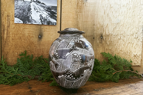 Right Whale Sgrafitto porcelain ceramic jar with lid by Tim Christensen Environmental Art Midcoast Maine Artisan Store The Good Supply Pemaquid Made in USA