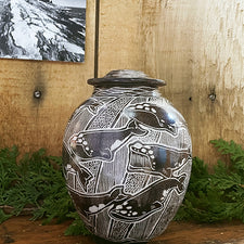 Right Whale Sgrafitto porcelain ceramic jar with lid by Tim Christensen Environmental Art Midcoast Maine Artisan Store The Good Supply Pemaquid Made in USA
