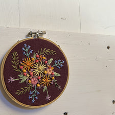 Small Flower Power Embroidery Hoop Maroon by Emilee Harper Fresh Maine Art Midcoast Maine Artisan Store The Good Supply Pemaquid Made in USA
