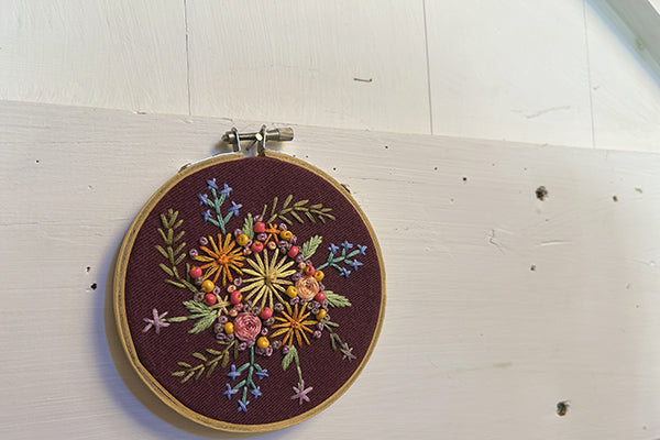 Small Flower Power Embroidery Hoop Maroon by Emilee Harper Fresh Maine Art Midcoast Maine Artisan Store The Good Supply Pemaquid Made in USA
