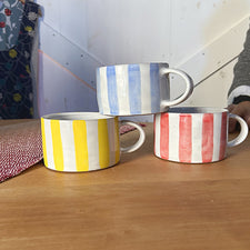 Striped Yellow Red Blue Glaze Mugs Ceramic by Alice Nasto Fresh Maine Art Midcoast Maine Artisan Store The Good Supply Pemaquid Made in USA