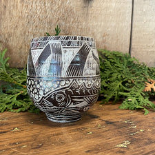 Three Spined Stickleback Sgrafitto porcelain ceramic cup by Tim Christensen Environmental Art Midcoast Maine Artisan Store The Good Supply Pemaquid Made in USA