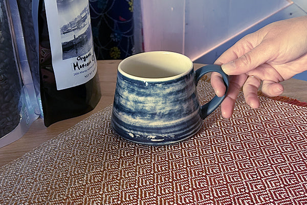 Tie Dye Mug in Navy blue by Mug by C and M Ceramics Fresh Maine Art Midcoast Maine Artisan Store The Good Supply Pemaquid Made in USA