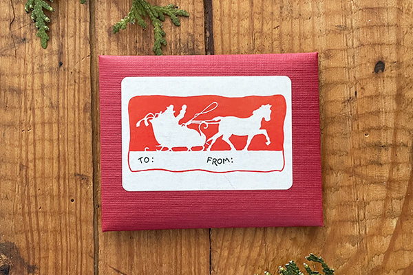 To From Paper Sticker Gift Tags Christmas Holiday One Horse Sleigh in Red by Saturn Press Midcoast Maine Artisan Store The Good Supply Pemaquid Made in USA