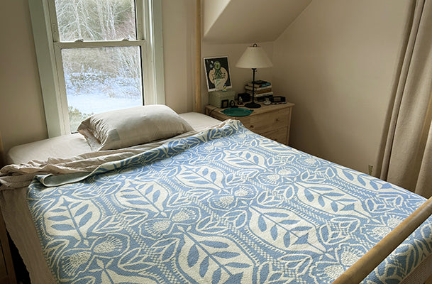 Washable Merino Wool Heavy Throw Blanket in Light Blue and White Fresh Maine Art Midcoast Maine Artisan Store The Good Supply Pemaquid Made in USA