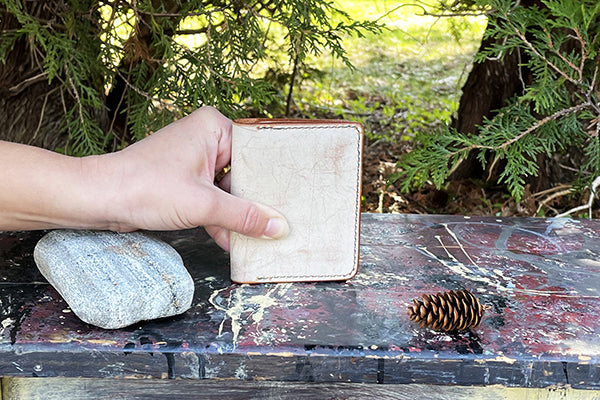 White Leather Bifold Wallet Handmade and Handstitched by Veteran Rick Elder of Great Story Works Midcoast Maine Artisan Store The Good Supply Pemaquid Made in USA