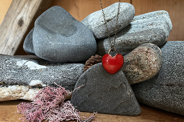 Bruja Love Heart Necklace forged in brass and adorned in Red Enamel by Loving Anvil Midcoast Maine Artisan Store The Good Supply Pemaquid Made in USA