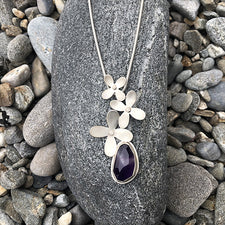 Brushed Silver Triple Hydrangea Flower Pendant Necklace by Christine Peters Jewelry Midcoast Maine Artisan Store The Good Supply Pemaquid Made in USA