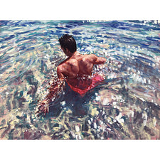 Contemporary Oil Painting by Jessica Ives The Good Supply in Pemaquid Maine Artisan Store Kinesthetic Intelligence Artist Man Swimming in Water Painting Elemental Made in USA