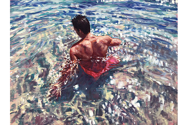 Contemporary Oil Painting by Jessica Ives The Good Supply in Pemaquid Maine Artisan Store Kinesthetic Intelligence Artist Man Swimming in Water Painting Elemental Made in USA