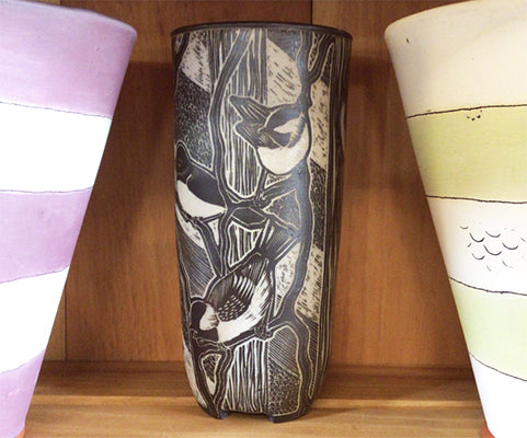 Environmental Sgraffito Art in Porcelain by Tim Christensen Contemporary Nature-inspired Ceramic Mixed Flock Bird Vase Midcoast Maine Artisan Store The Good Supply Pemaquid Made in USA