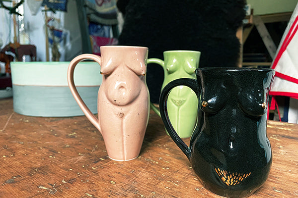 Gold-Lustered Lady Ceramic Body Mug by Luster Hustler Aidan Fraser Female Form Midcoast Maine Artisan Store The Good Supply Pemaquid Made in USA