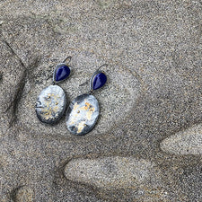 Gold dust Oxidized Silver Lapis Lazuli bauble earrings by Christine Peters Jewelry Midcoast Maine Artisan Store The Good Supply Pemaquid Made in USA
