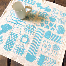 Light Blue Mugs Screen Printed Cotton Tea Towel Handmade by Allison McKeen Midcoast Maine Artisan Store The Good Supply Pemaquid Made in USA