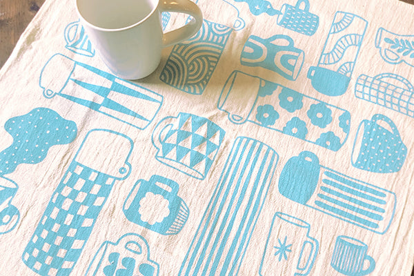 Light Blue Mugs Screen Printed Cotton Tea Towel Handmade by Allison McKeen Midcoast Maine Artisan Store The Good Supply Pemaquid Made in USA