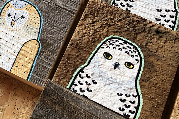 Original Art Painting of Snowy Owl on Reclaimed Barn Wood by Mermaid Meadow Midcoast Maine Artisan Store The Good Supply Pemaquid Made in USA