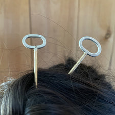 Oval Hair Pin hand forged and adorned in Silver and Brass by Loving Anvil Midcoast Maine Artisan Store The Good Supply Pemaquid Made in USA