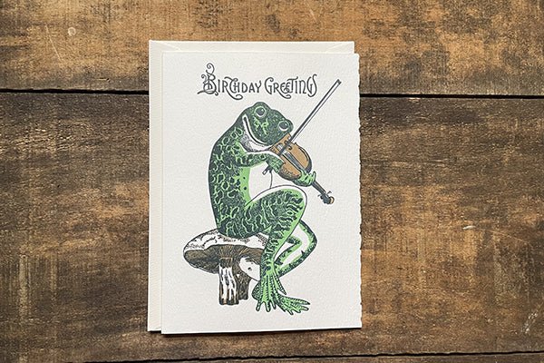 Saturn Press Letterpress Greeting Card Fiddler Birthday Greetings Frog Midcoast Maine Artisan Store The Good Supply Pemaquid Made in USA