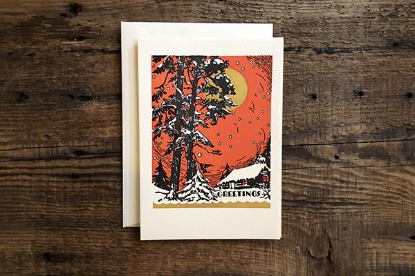 Saturn Press Letterpress Holiday Card Red Sky is made in Maine USA